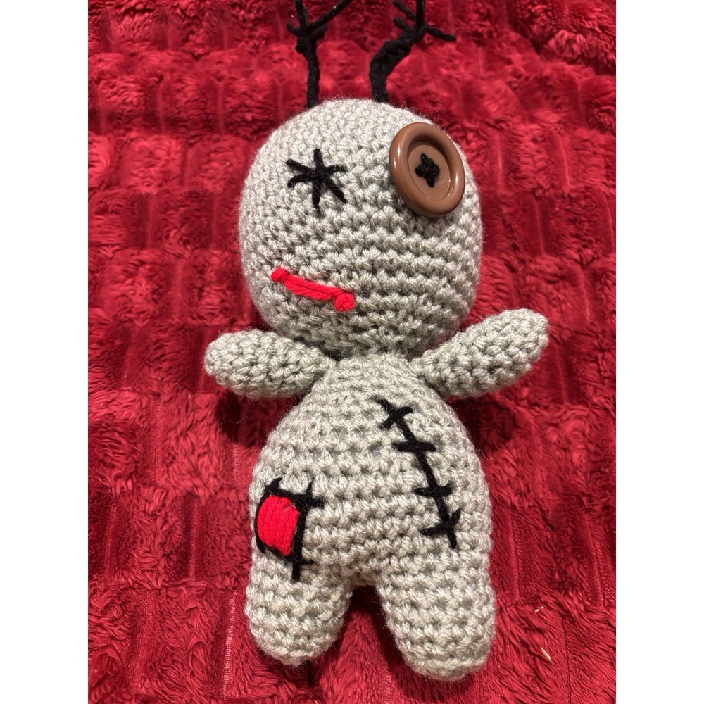 Handmade 9.5 Monster Patch Baby Plushie Gray Red 2 Braids Button Eye Halloween